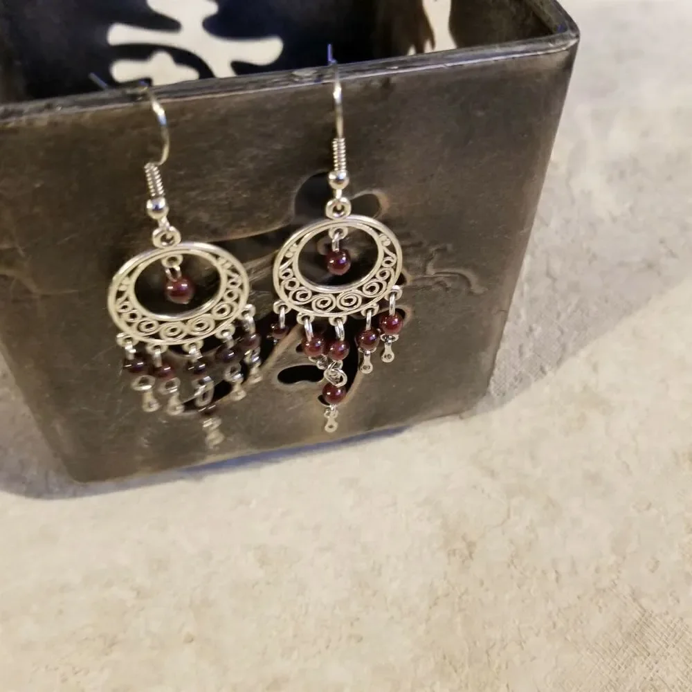Handcrafted Natural Red Garnet Gemstone Antique Silver Chandelier Earrings